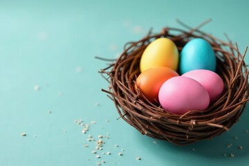 Fototapeta premium Vibrant pastel colored eggs in a decorative nest, showcasing an Easter pattern , design, nest, easter decorations