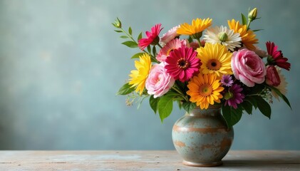 A bouquet of colorful flowers arranged in a rustic vase , bright, petals