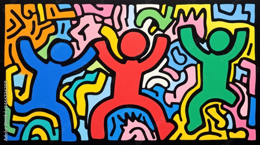Poster vibrant figures in a dynamic abstract composition.