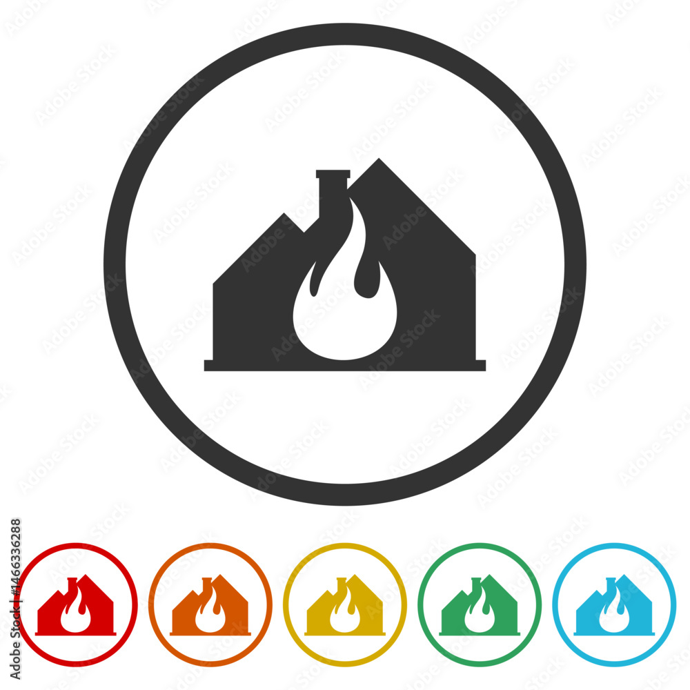 Poster burning house icon. set icons in color circle buttons