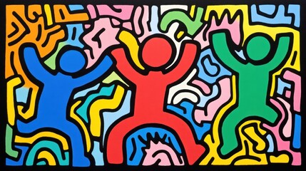 Vibrant figures in a dynamic abstract composition.