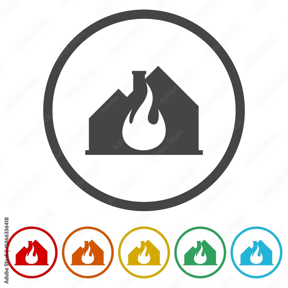 Poster burning house icon. set icons in color circle buttons