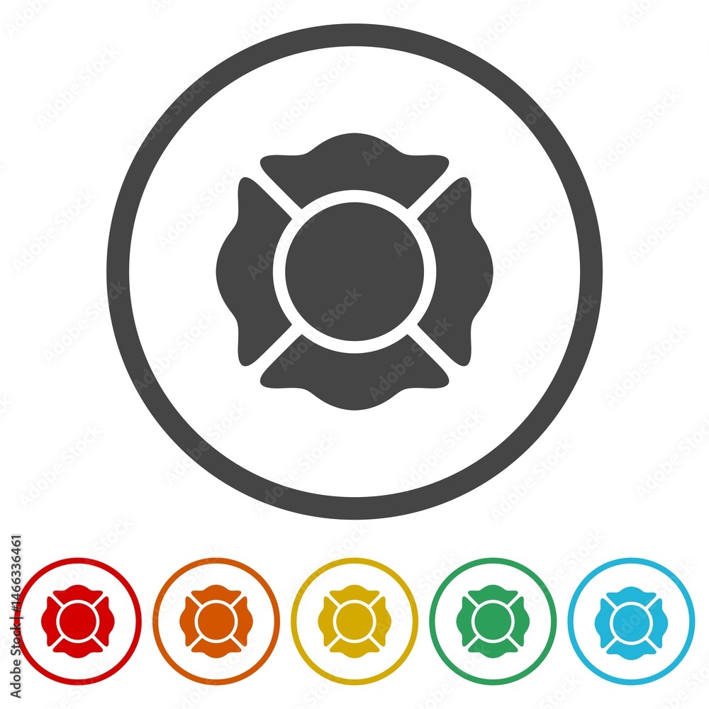 Poster fire department badge logo template. set icons in color circle buttons