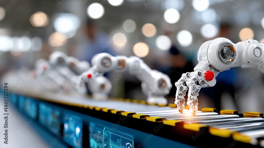 Poster automated robotic arms on a production line. modern manufacturing process with intricate robotic man