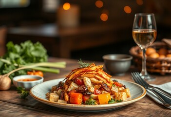 A seasonal cooking dish with locally sourced ingredients, autumnal colors, and rustic presentation.