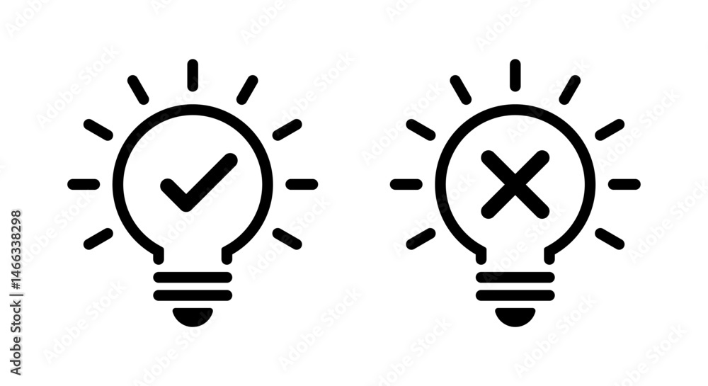 Poster light bulb check and cross mark icon. business lamp with checkmark and x sign symbol