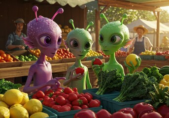 Three friendly aliens shop for fresh produce at a sunny outdoor farmer's market, examining fruits