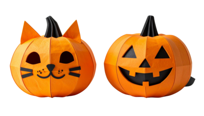Cute Halloween-themed paper craft pumpkins designed as a playful cat and dog duo, featuring charming details and festive colors, isolated on a solid white background in Png format
