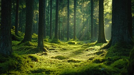 Fototapeta premium Sunlight filtering through a dense forest, illuminating mossy ground