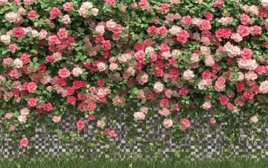 Fototapeta premium A vibrant wall of climbing roses, various shades of pink, cascading over a patterned gray and white stone wall. Lush green foliage complements the flowers