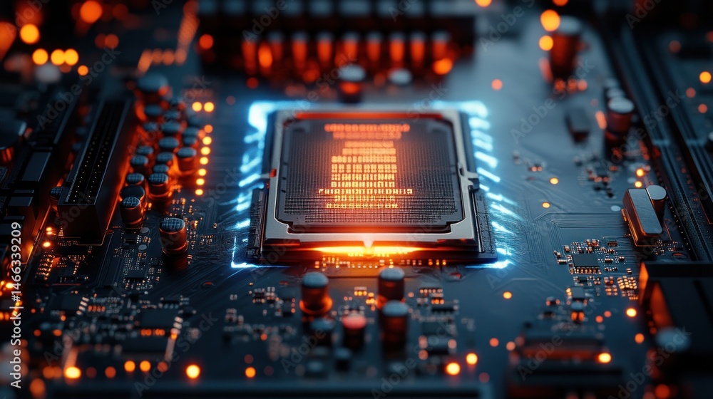 Poster glowing cpu processor on motherboard: high-tech digital world