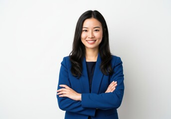 Obraz premium Confident asian woman in a blue blazer with arms crossed smiles against a white background