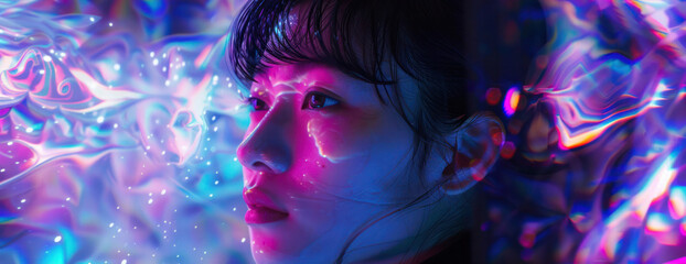 Japan Asian Woman model art colorful ink paint shine lighting close up face glowing