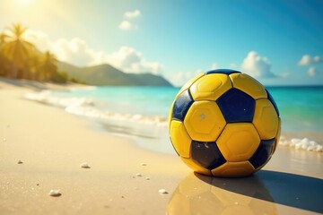 Fototapeta premium Brazilian soccer ball on a sun-drenched beach , carnival, travel, competition