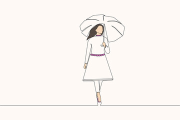 Woman walking with an umbrella, isolated line drawing. Monsoon season concept hand-drawn illustration