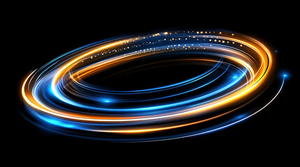 Swirling light trails in blue and gold elegant futuristic design against black background digital art style and modern aesthetic