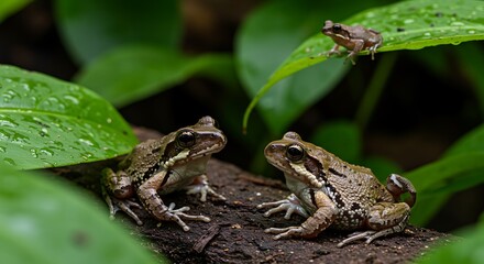 Obraz premium Frogs Sitting on Log in Forest with Lush Greenery