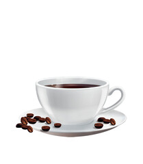 A realistic white ceramic coffee cup filled with black coffee on a matching saucer, surrounded by scattered roasted coffee beans, Transparent background. Pro PNG