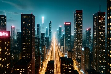 City skyline illuminated at night with glowing skyscrapers and bustling streets under a twilight sky