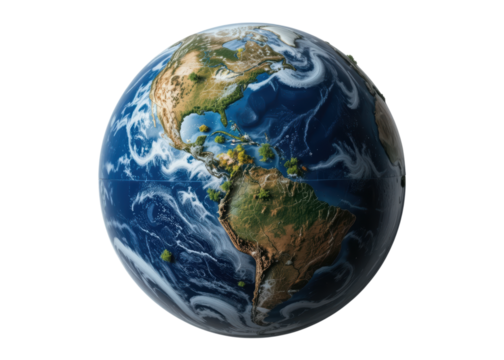 Detailed view of planet Earth showing continents, oceans, and clouds isolated on transparent background, globe, world, planet