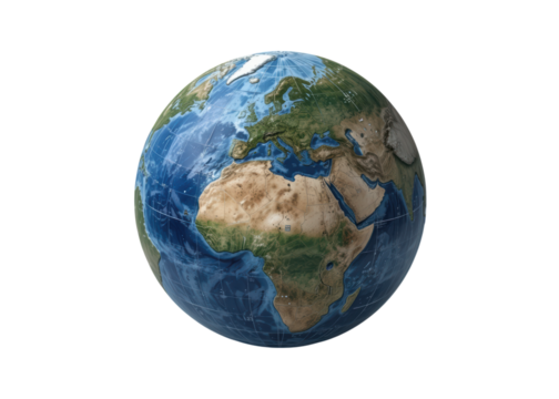 Realistic 3D render of Earth globe showing continents and oceans isolated on transparent background. World, planet, geography.