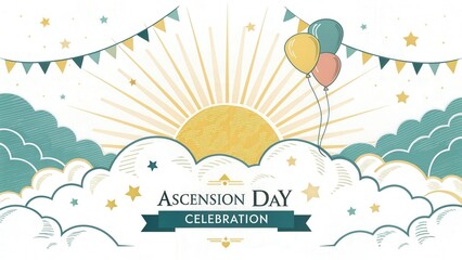 Celebration banner featuring clouds and golden rays for Ascension Day festivities