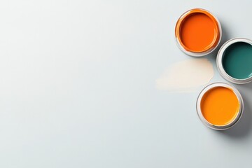 Brightly colored paint cans arranged on soft background, perfect