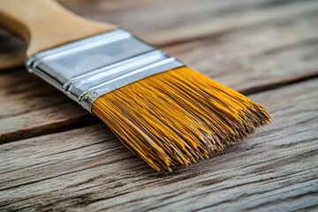 Fototapeta premium Brush rests on wooden surface, showcasing fine bristles and slee