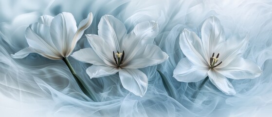 Three white flowers are floating in a blue background
