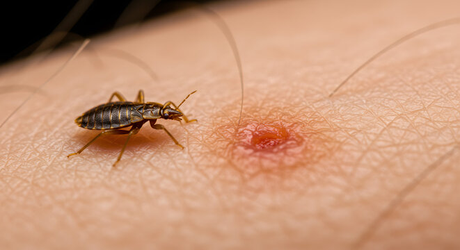 Bed Bug Bite Freshly Inflicted With Insect Still Visible Near Irritated Skin Area on Leg