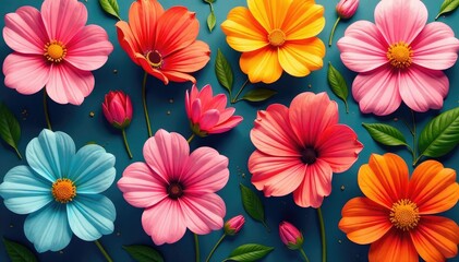 Bold stylized blossoms arranged in a square grid , surface, digital, pink