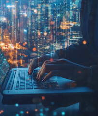Closeup of young businesswoman hand typing on laptop with futuristic cityscape background, digital data overlay, technology and innovation concept