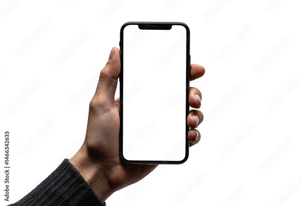 Poster Mobile phone mockup in hands, screen mock up Blank empty display isolated on white background