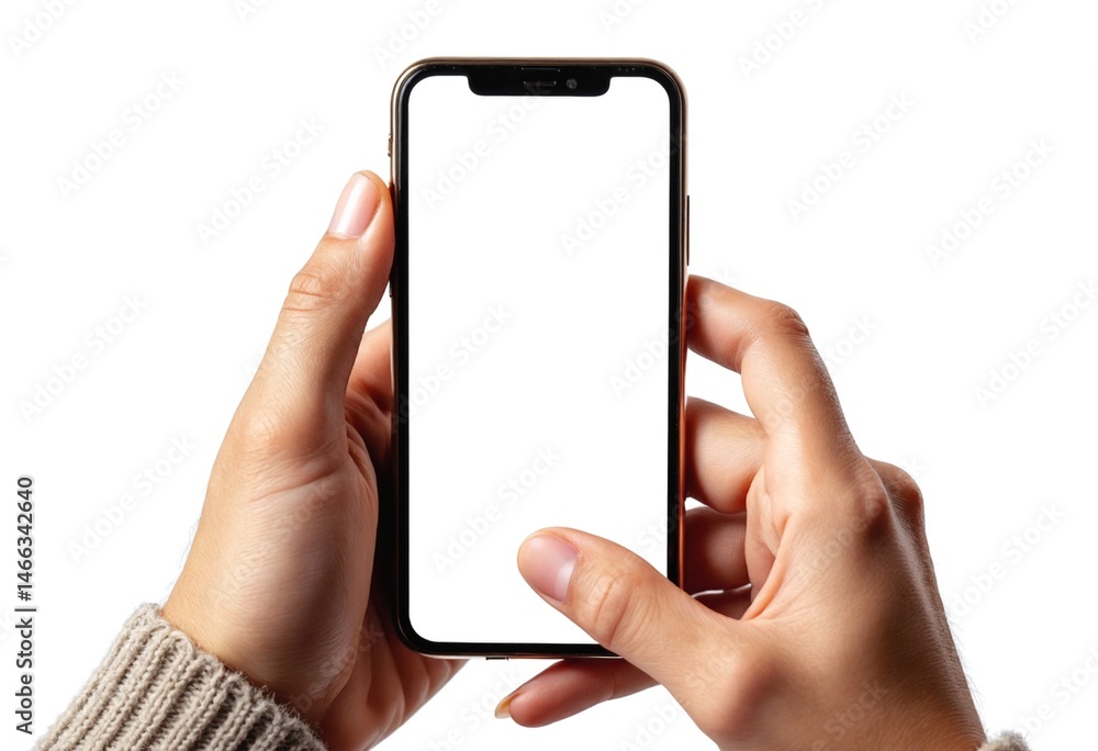 Poster Mobile phone mockup in hands, screen mock up Blank empty display isolated on white background