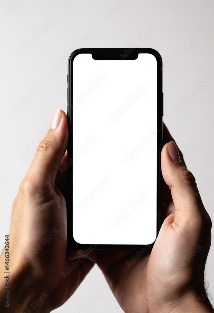 Poster Mobile phone mockup in hands, screen mock up Blank empty display isolated on white background