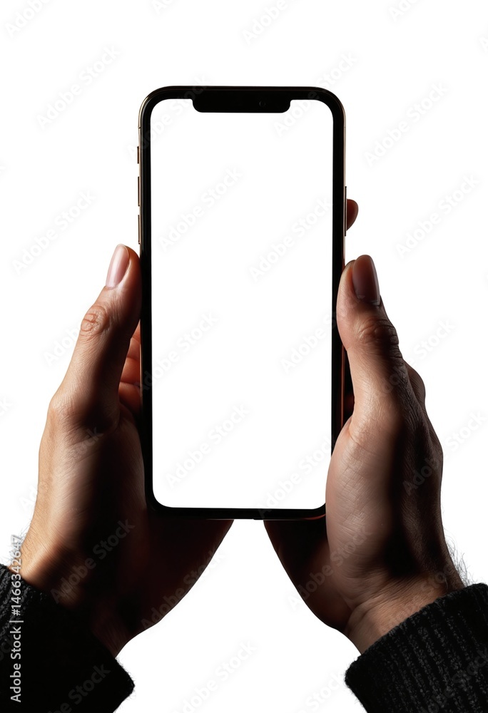 Poster Mobile phone mockup in hands, screen mock up Blank empty display isolated on white background