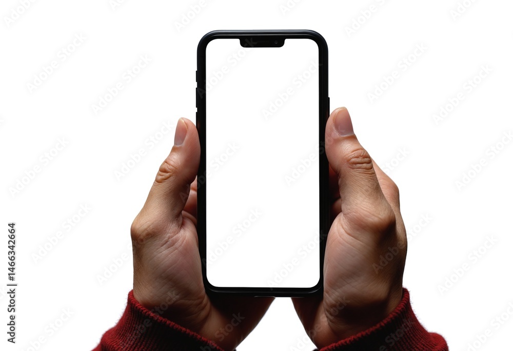 Poster Mobile phone mockup in hands, screen mock up Blank empty display isolated on white background