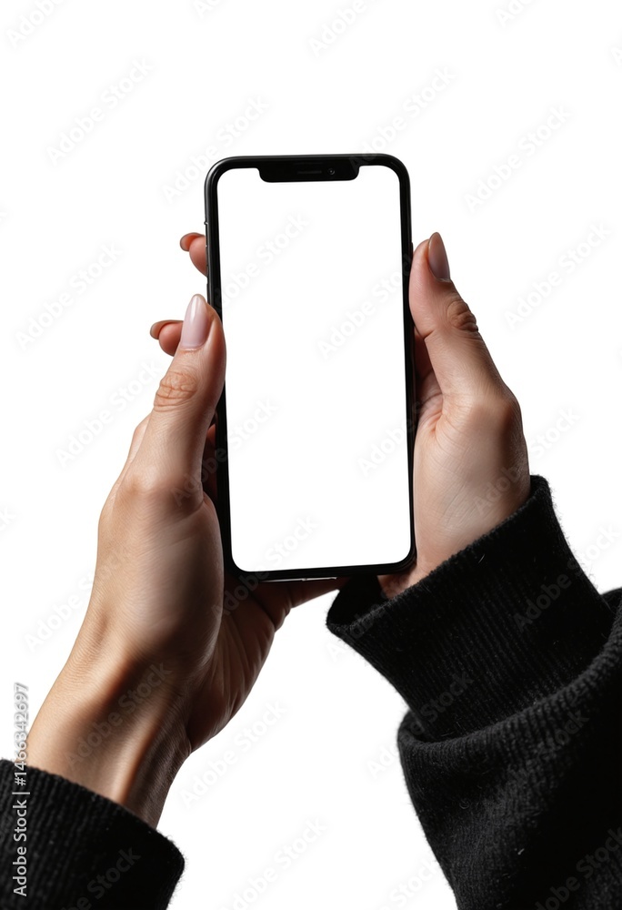 Poster Mobile phone mockup in hands, screen mock up Blank empty display isolated on white background