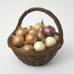 Basket full of onions sitting on a white background