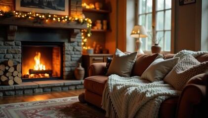 Cozy living room, knitted blanket, warm fireplace, smile, retirement, grandparents