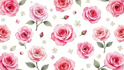 Delicate watercolor rose blooms, repeating pattern on white , pastel, watercolor