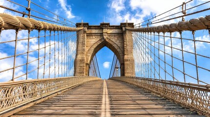 Obraz premium Low angle view of a suspension bridge's wooden deck leading to a stone archway against a bright blue sky with fluffy clouds. The bridge's intricate