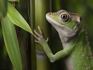 A vibrant green lizard clings to a bamboo stalk, surrounded by lush greenery