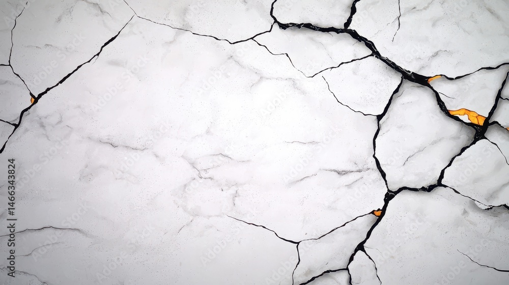 Poster abstract image of cracked surface with black cracks and hints of orange, on a white and grey backgro