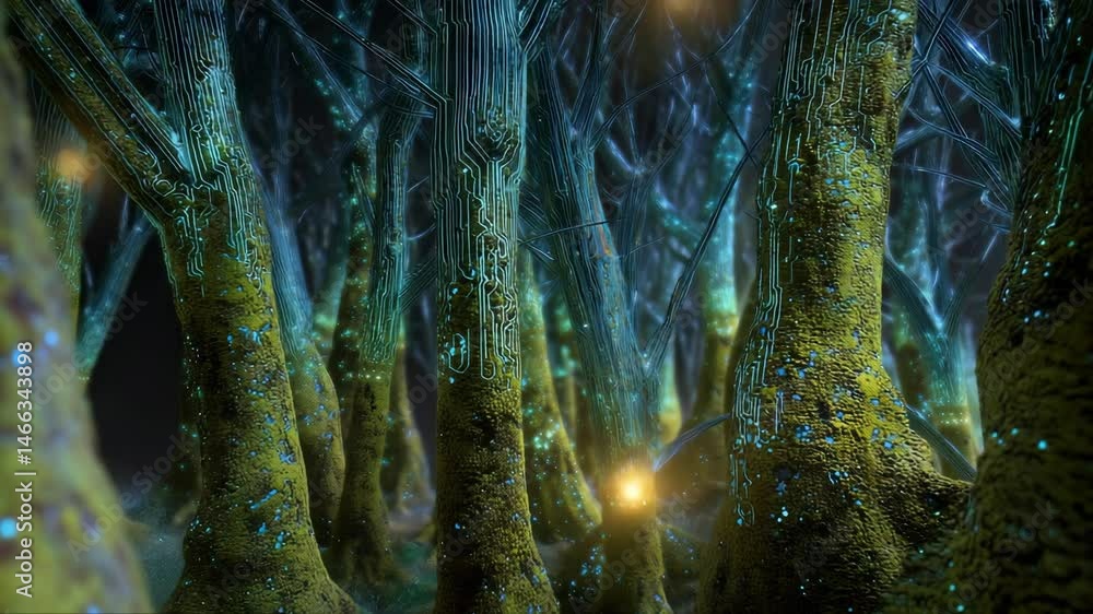Poster exploring an enchanting forest filled with glowing trees and vibrant circuitry