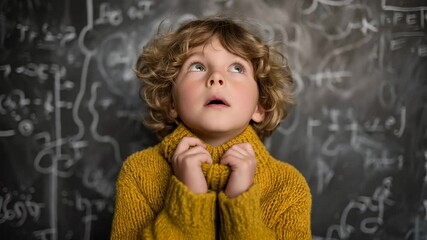 Child in yellow sweater thinks deeply in front of chalkboard covered in math equations - Powered by Adobe