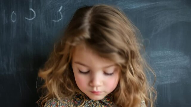 Curious child looks up while pondering a question in a classroom setting