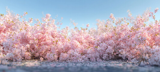 Fototapeta premium Breathtaking view of cherry blossom trees in full bloom under clear blue sky, with delicate pink petals covering ground, creating peaceful and serene spring landscape