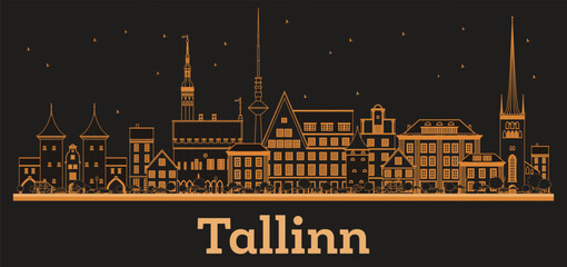 Outline Tallinn Estonia City Skyline with orange Buildings. Business Travel and Concept with Historic Architecture. Tallinn Cityscape with Landmarks.