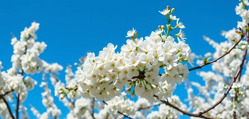 Abundant white blossoms burst forth on a tree branch against a vibrant spring blue sky, tree branch,  nature photography